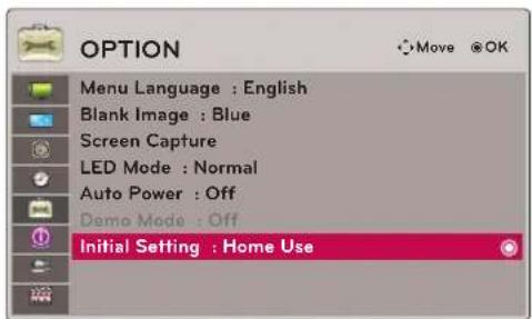 OPTION Menu Language : English Blank Image : Blue Screen Capture LED Mode : Normal Auto Power : Off Demo Mode : Off Initial Setting : Home Use
