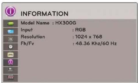 INFORMATION Model Name : HX300G Input : RGB Resolution : 1024 x 768 Fh/Fv : 48.36 Khz/60 Hz