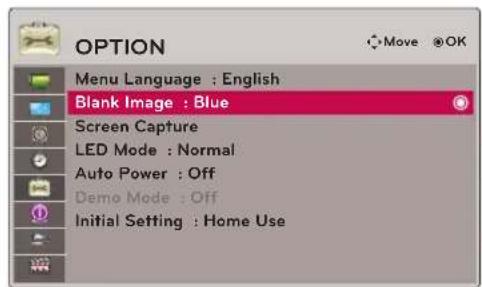 OPTION Menu Language : English Blank Image : Blue Screen Capture LED Mode : Normal Auto Power : Off Demo Mode : Off Initial Setting : Home Use
