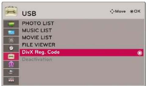 USB PHOTO LIST MUSIC LIST MOVIE LIST FILE VIEWER DivX Reg. Code Deactivation