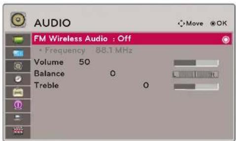 AUDIO FM Wireless Audio : Off • Frequency 88.1 MHz Volume 50 Balance 0 Treble 0