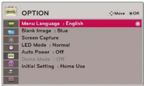 OPTION Menu Language : English Blank Image : Blue Screen Capture LED Mode : Normal Auto Power : Off Demo Mode : Off Initial Setting : Home Use