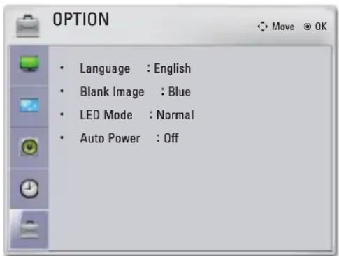OPTION Language : English Blank Image : Blue LED Mode : Normal Auto Power : Off