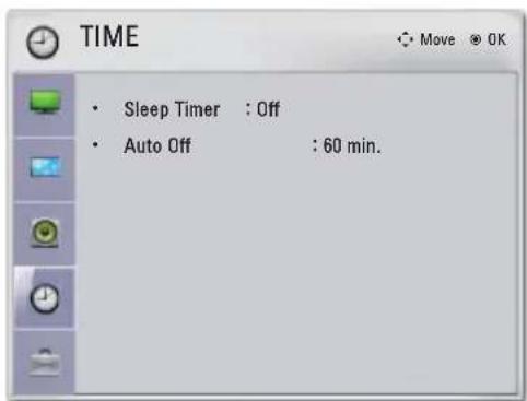 TIME • Sleep Timer : Off • Auto Off : 60 min.