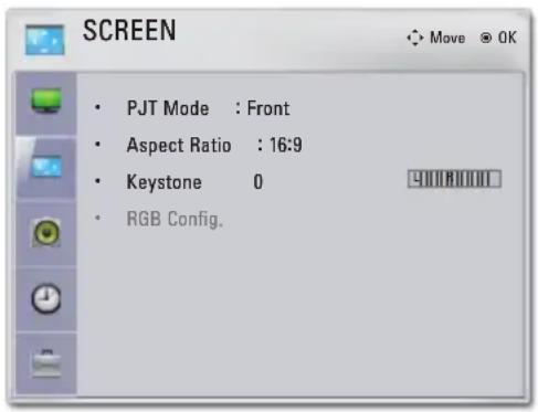 SCREEN • PJT Mode : Front • Aspect Ratio : 16:9 • Keystone 0 • RGB Config.