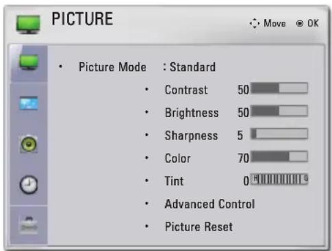 PICTURE • Picture Mode : Standard • Contrast 50 • Brightness 50 • Sharpness 5 • Color 70 • Tint 0 • Advanced Control • Picture Reset