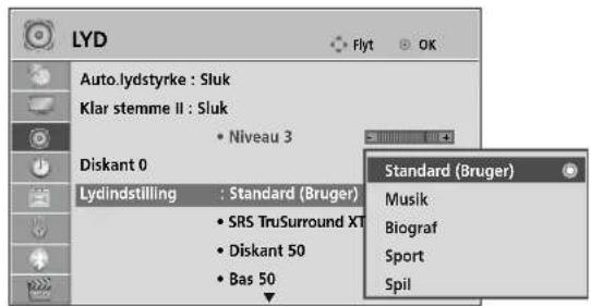 LYD Auto.lydstyrke : Sluk Klar stemme II : Sluk • Niveau 3 Diskant 0 Lydindstilling : Standard (Bruger) • SRS TruSurround XT • Diskant 50 • Bas 50 Standard (Bruger) Musik Biograf Sport Spil