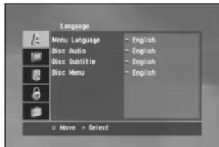 Language Menu Language Disc Audio Disc Subtitle Disc Menu - English - English - English - English + Move > Select