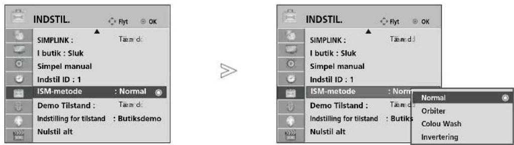INDSTIL. SIMPLINK : Tæm dc I butik : Sluk Simpel manual Indstil ID : 1 ISM-metode : Normal Demo Tilstand : Tæm dc Indstilling for tilstand : Butiksdemo Nulstil alt INDSTIL. SIMPLINK : Tæm dc I butik : Sluk Simpel manual Indstil ID : 1 ISM-metode : Normal Demo Tilstand : Tæm dc Indstilling for tilstand : Butiks Nulstil alt Normal Orbiter Colou Wash Invertering