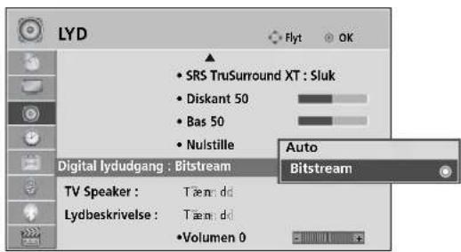 LYD SRS TruSurround XT : Sluk Diskant 50 Bas 50 Nulstille Digital lydudgang : Bitstream TV Speaker : Tæm: dd Lydbeskrivelse : Tæm: dd •Volumen 0 Auto Bitstream