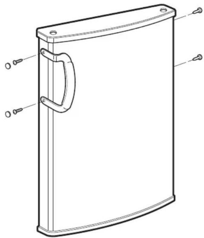 Technical line drawing of a door handle with mounting holes and a curved handle (no text or symbols)