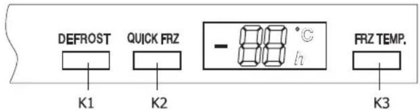 DEFROST, QUICK FRZ, -88 °C, h, FRZ TEMP., K1, K2, K3
