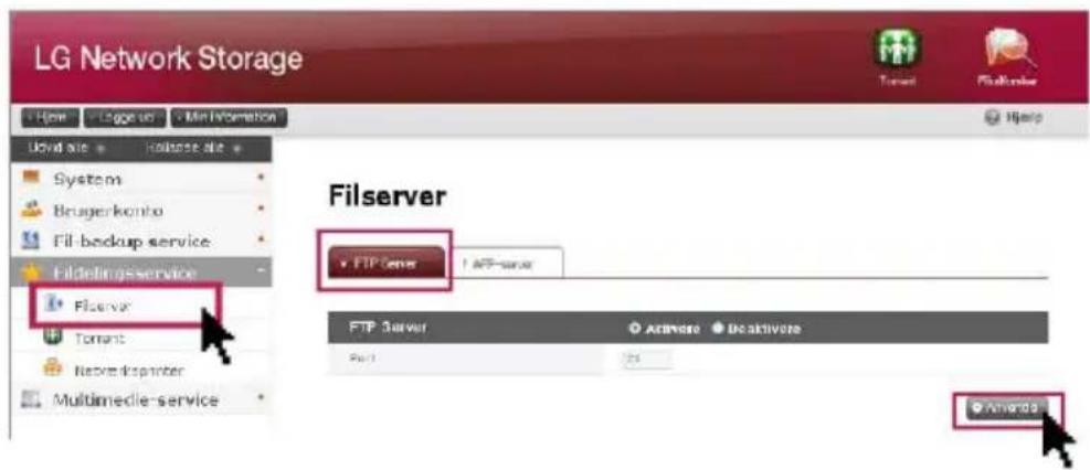 LG Network Storage How Logge up Min Information Local site Hollbase site System Brugerkonto Fil-backup service Filderingsservice Fiserver Torrent Nerve disprinter Multimedie-service Filserver FTP Server FTP Server Active Active ©activore File1 © ©Amware