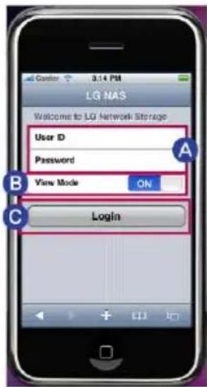 LG NAS Welcome to LG Network Storage User ID Password View Mode ON Login
