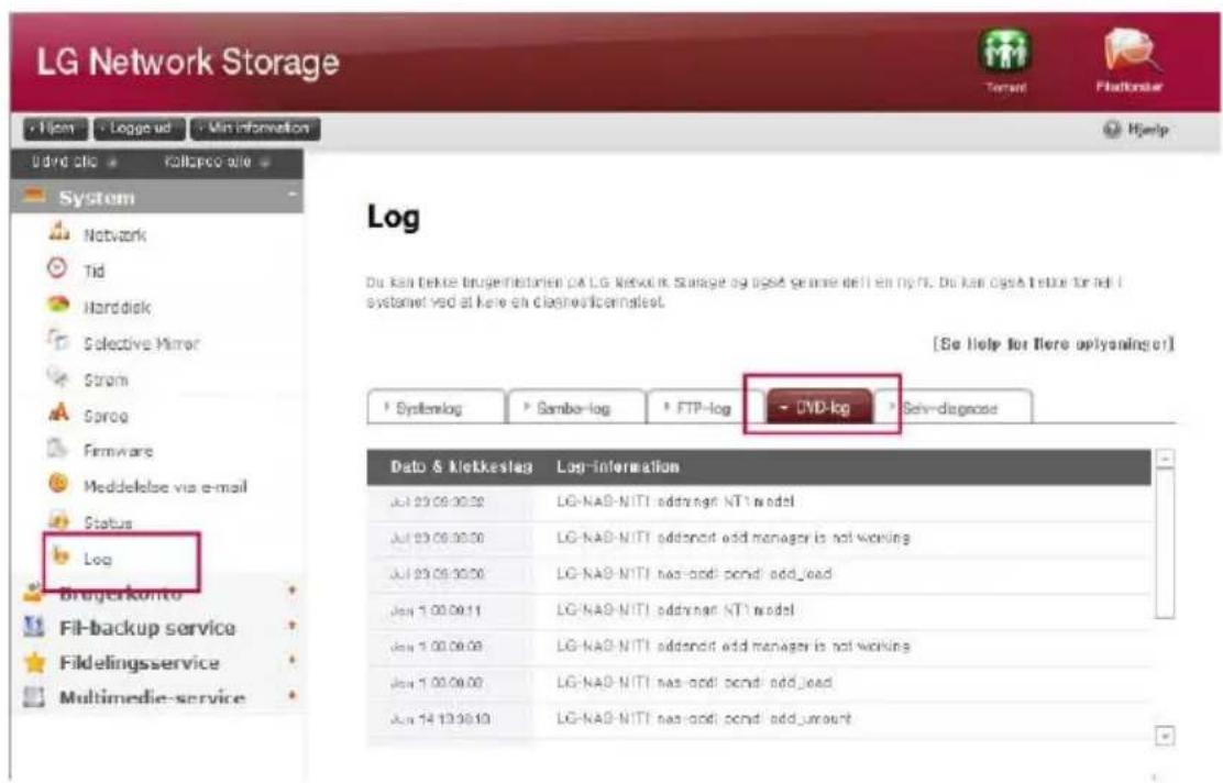 LG Network Storage System Network Tid Harddisk Selective Mirror Strain Sprout Firmware Meddelose via e-mail Status Log Bregenkonto Fil-backup service Fildelingsservice Multimedie-service Log Dato & kletkeslag Log-information Jul 20.06.08:32 LG-NAS-NITI addanger NT1 model Jul 20.06.08:30 LG-NAS-NITI addanger add manager is not working Jul 20.06.08:30 LG-NAS-NITI has-pod bond add_load Jun 1.00.09.11 LG-NAS-NITI addanger NT1 model Jun 1.00.09.09 LG-NAS-NITI addanger add manager is not working Jun 1.00.09.00 LG-NAS-NITI has-pod bond add_load Jun 14.12.09.10 LG-NAS-NITI has-pod bond add-mount