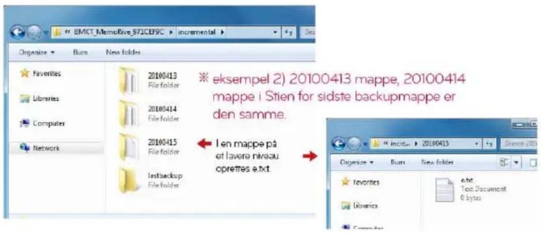 EMCT_MemoRive_571CEF9C Organize Burn New folder Favorites Libraries Computer Network 20100413 File folder 20100414 File folder 20100415 File folder Lastbackup File folder ※ eksempel 2) 20100413 mappe, 20100414 mappe i Stien for sidste backupmappe er den samme. I en mappe på et lavare niveau oprettes e.txt Orgensze Burn New folders Favorites Libraries 6.66 Text Document 0 bytes