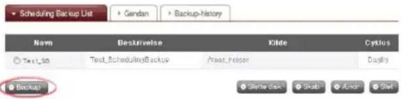 Scheduling Backup List Gendan Backup-history Navn Bestkrivelse Kilde Cyklus Test_50 Test_SchedulingBackup /HreatHolder Daylight Backup Slette disk Skab Armor Shot
