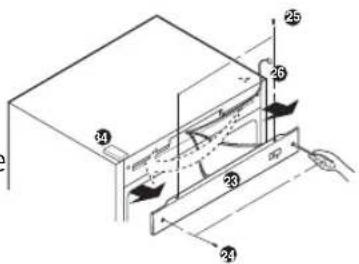 Technical diagram of a mechanical assembly with numbered components and directional arrows indicating motion or force