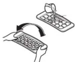 Illustration of two hands using a handheld device to interact, showing the process with an arrow indicating rotation (no text or symbols present)
