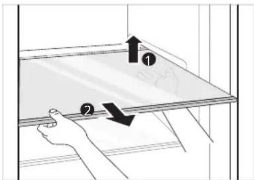 Diagram showing two hands holding a transparent panel with labeled arrows and numbered components, likely illustrating a process or movement.