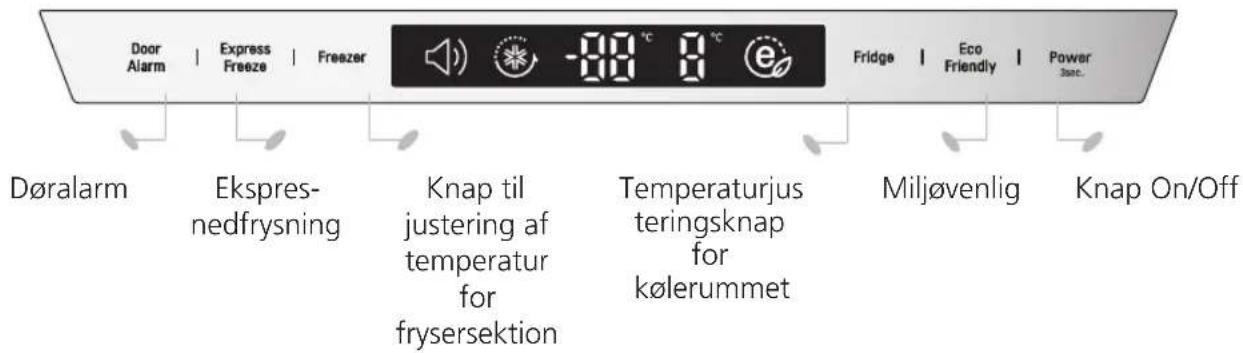 Door Alarm | Express Freeze | Freezer Døralarm Ekspresnedfrysning Knap til justering af temperatur for frysersektion -00 °C 0 °C Fridge | Eco Friendly | Power Sarc. Temperaturjusteringsknap for kølerummet Miljøvenlig Knap On/Off