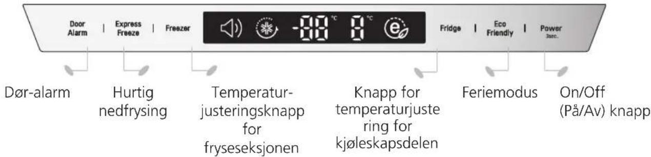 Door Alarm | Express Freeze | Freezer -80 °C 8 °C Fridge | Eco Friendly | Power 3sec. Dør-alarm Hurtig nedfrying Temperatur- justeringsknapp for fryseseksjonen Knapp for temperaturjuste ring for kjøleskapsdelen Feriemodus On/Off (På/Av) knapp