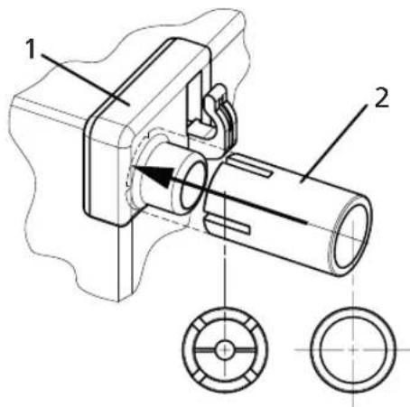 Technical diagram of a mechanical assembly with labeled parts and cross-sectional views