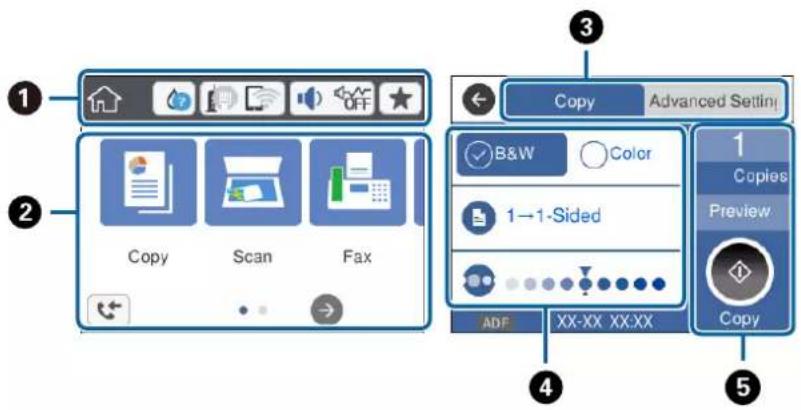 1 2 Copy Scan Fax 3 Copy Advanced Setting B&W Color 1→1-Sided 4 ADD XXXXX 1 Copies Preview Copy 5
