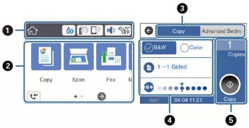 1 2 Copy Scan Fax M Copy Advanced Setting 3 B&W Color 1→1-Sided 04-04 11:21 Copies Copy 4 5