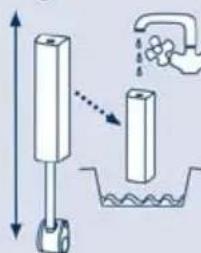 Diagram illustrating a water displacement experiment with a submerged object and a hand holding a faucet, showing water flow direction.