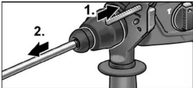 Diagram showing a mechanical tool with labeled parts, including numbered callouts and directional arrows indicating movement or force.