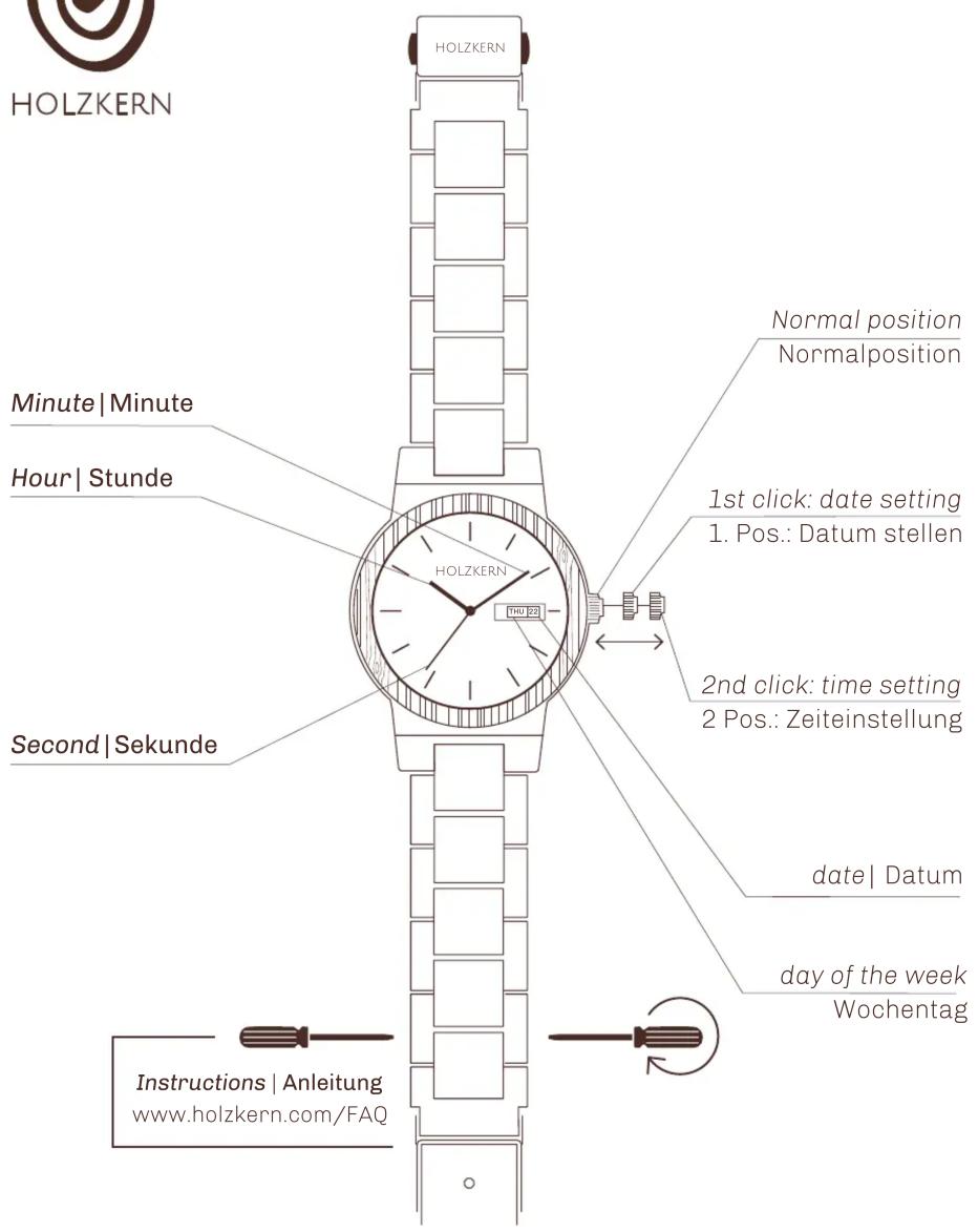HOLZKERN HOLZKERN Minute | Minute Hour | Stunde Second | Sekunde Normal position Normalposition 1st click: date setting 1. Pos.: Datum stellen 2nd click: time setting 2 Pos.: Zeiteinstellung date | Datum day of the week Wochentag Instructions | Anleitung www.holzkern.com/FAQ