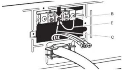 Technical diagram of an electrical component with labeled parts A, B, C, and E