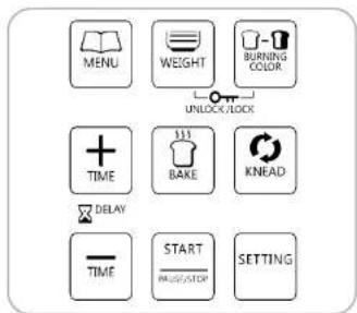 MENU WEIGHT BURNING COLOR UNLOCK/CLICK TIME 133 BAKE KNEAD DELAY TIME START PAGS/STOP SETTING