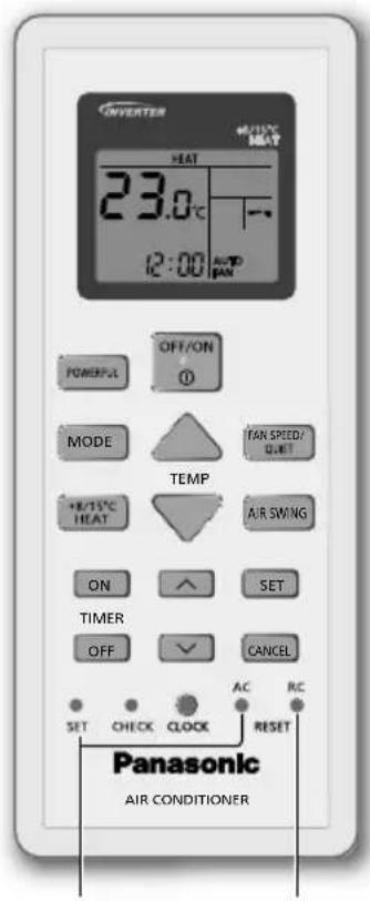 ONVERTER +/-100°C HEAT 23.0°C 12:00 AUTO PAN POWER OFF/ON ① MODE TEMP TAN SPEED/ OUT +8/15°C HEAT AIR SWING ON SET TIMER OFF CANCEL SET CHECK CLOCK AC RC SET RESET Panasonic AIR CONDITIONER