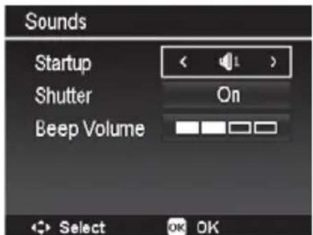 Sounds Startup < > Shutter On Beep Volume Select OK OK
