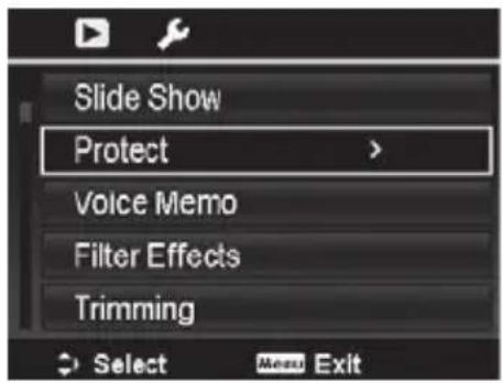 Slide Show Protect > Voice Memo Filter Effects Trimming Select Menu Exit