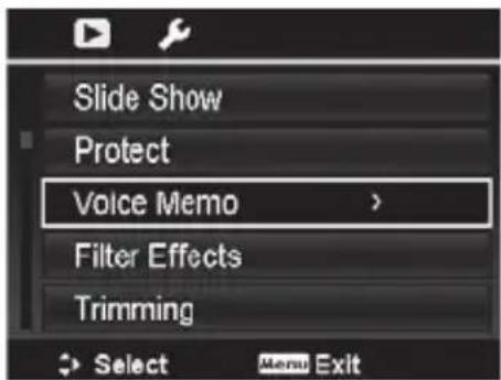 Slide Show Protect Voice Memo > Filter Effects Trimming Select Menu Exit