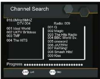 Channel Search 818.0MHz/8MHZ DTV 004 Radio: 009 001 Ideal World 002 UKTV BrIdeas 003 TMF 004 The HITS 001 Q 002 Magic 003 The Hits Radio 004 BBC World Sv. 005 cneword 006 JAZZFM 007 Kerrangi 008 Smash Hits! 009 Kiss Progress LNT Exit HKS SBC