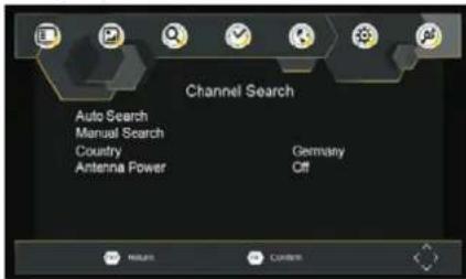 Channel Search Auto Search Manual Search Country Antenna Power Germany Off Return Control