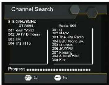 Channel Search 818.0MHz/8MHz DTV:004 001 Ideal World 002 UK TV Br Ideas 003 TMF 004 The HITS Radio: 009 001 Q. 002 Magic 003 The Hits Radio 004 BBC World Sv. 005 oneword 006 JAZZFM 007 Kerrangl 008 Smash Hitsl 009 Kiss Progress OKI Edit Make Ship