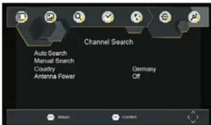 Channel Search Auto Search Manual Search Country Antenna Power Germany Off Returns Controls