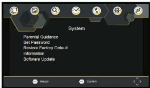 System Parental Guidance Set Password Restore Factory Default Information Software Update