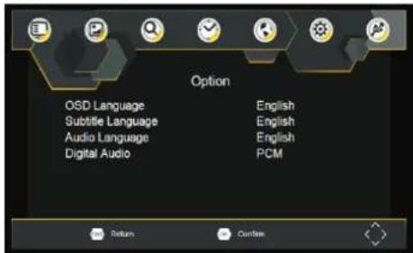 Option OSD Language English Subtitle Language English Audio Language English Digital Audio PCM