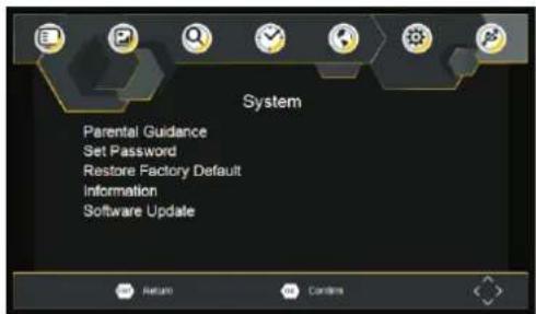 System Parental Guidance Set Password Restore Factory Default Information Software Update