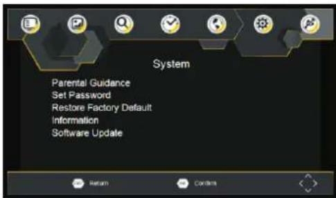 System Parental Guidance Set Password Restore Factory Default Information Software Update