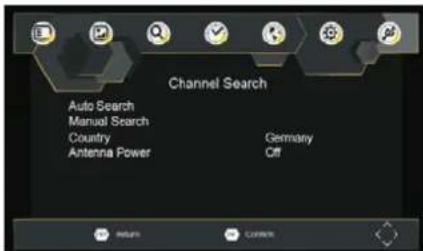 Channel Search Auto Search Manual Search Country Antenna Power Germany Off