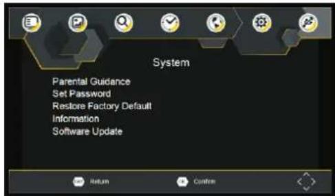 System Parental Guidance Set Password Restore Factory Default Information Software Update
