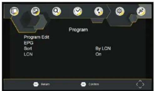Program Program Edit EPG Sort LCN By LCN On Return Continue