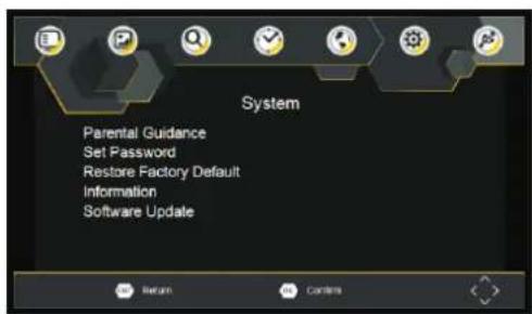 System Parental Guidance Set Password Restore Factory Default Information Software Update